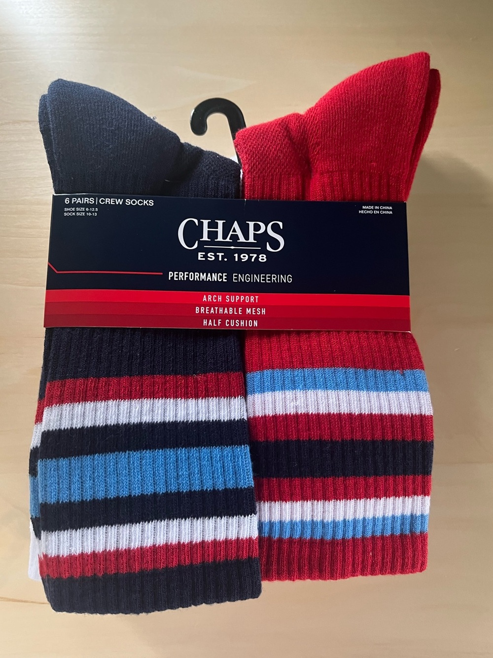 NWT Six Pair Men’s Chaps Crew Socks Sock Size 10-13 Breathable Mesh